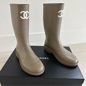 Chanel Shoes Rain Boots Wellies Dark Beige